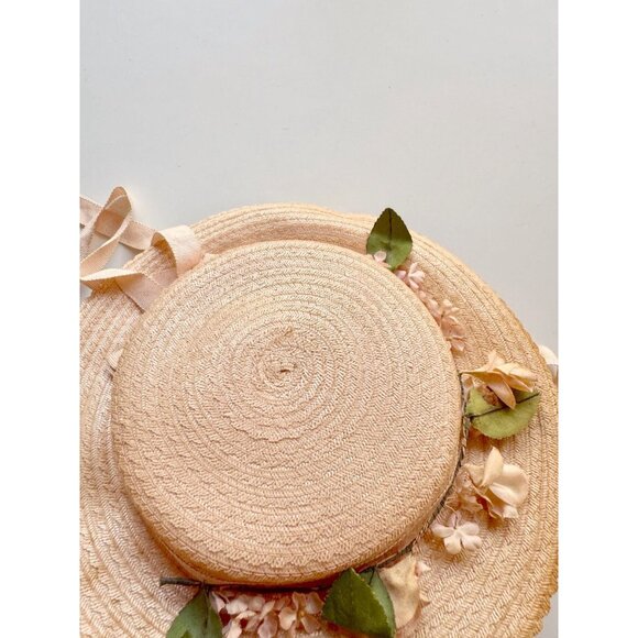 Vintage Pale Peach Pink Staw Faux Floral Grosgrain Ribbon Boater Hat - Picture 6 of 14